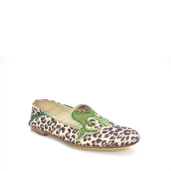 NEW MEHER KAKALIA ottoman moccasin in cream/green leopard - Picture 1 of 1